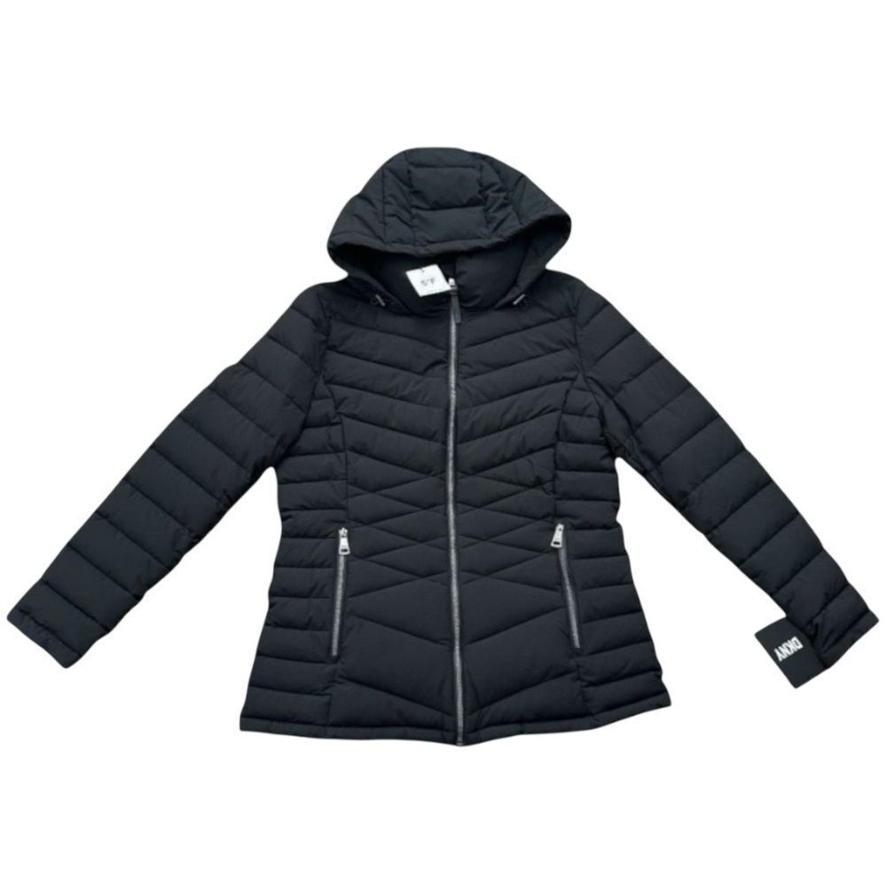 DKNY Women's Black Chevron Puffer Jacket L Hooded Water Resistant NWT DL3MPL87